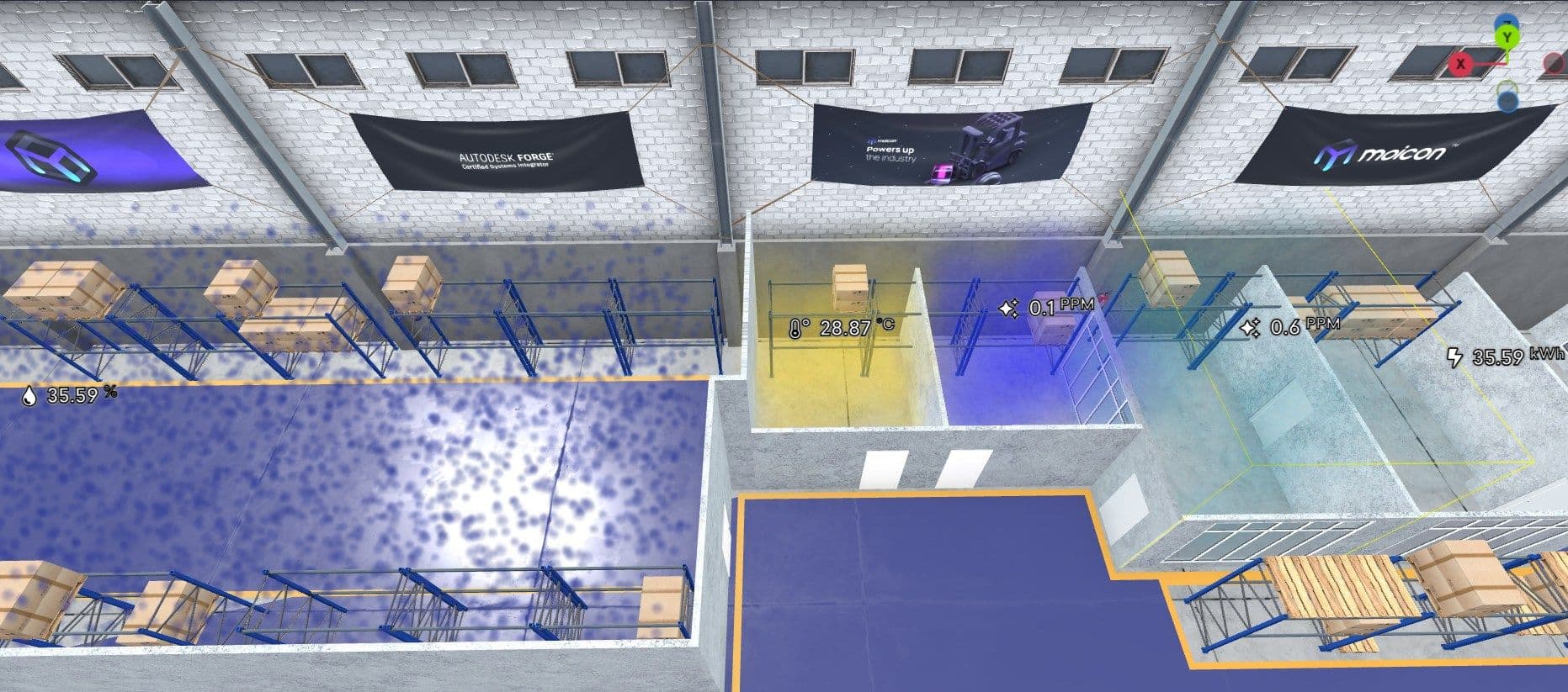 Factory floor with IoT particle visualization showing sensor zones for temperature, humidity, and emissions